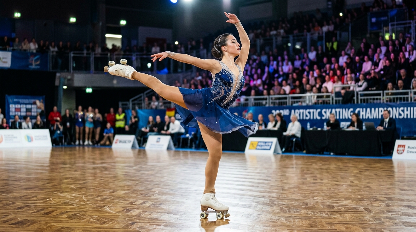 Artistic roller skater performing an upright spin on quad figure skates on indoor arena wooden floor