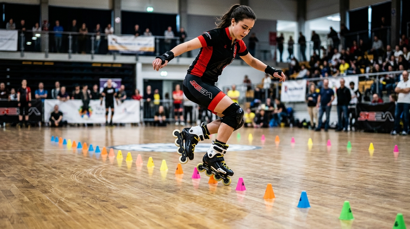 Freestyle slalom athlete balancing on one wheel through a line of slalom cones on indoor arena floor