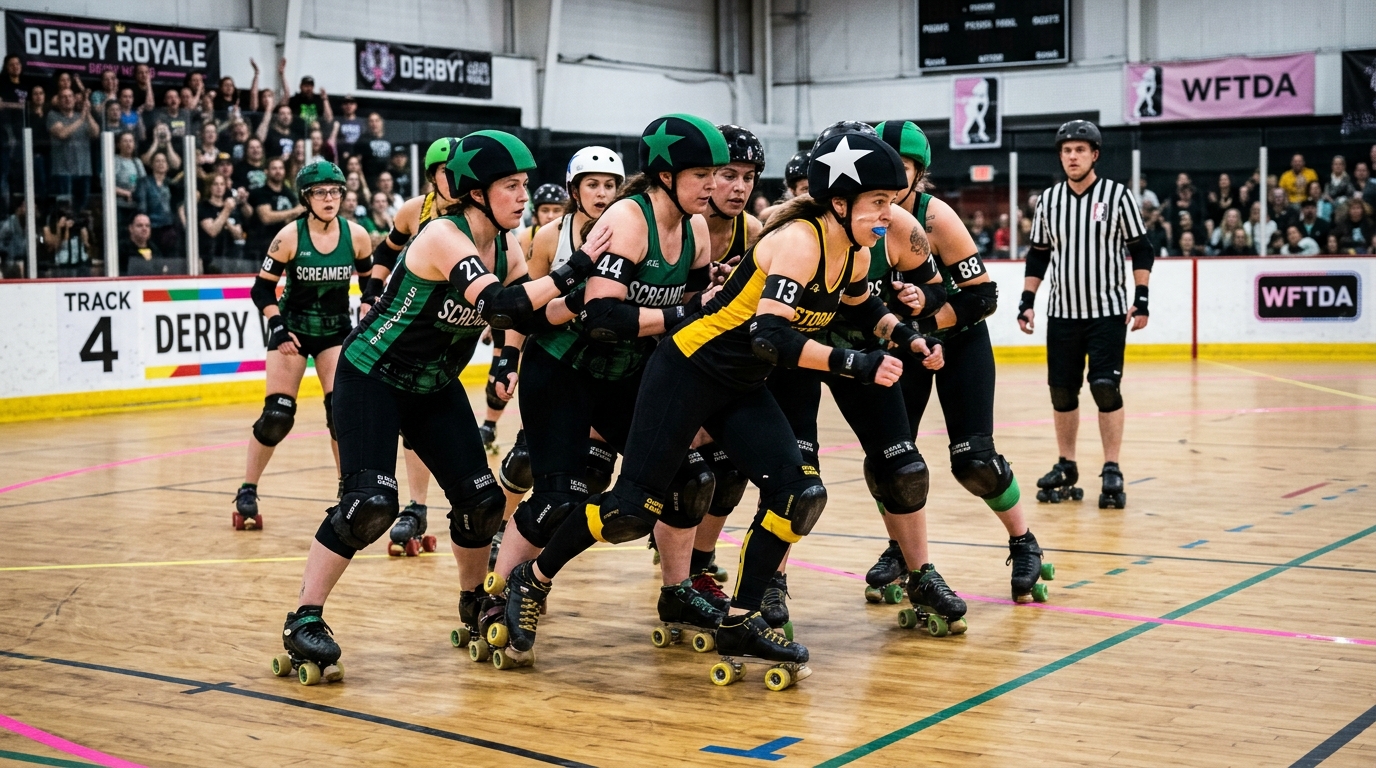 Roller derby jammer with star helmet cover pushing past a blocker wall on quad roller skates