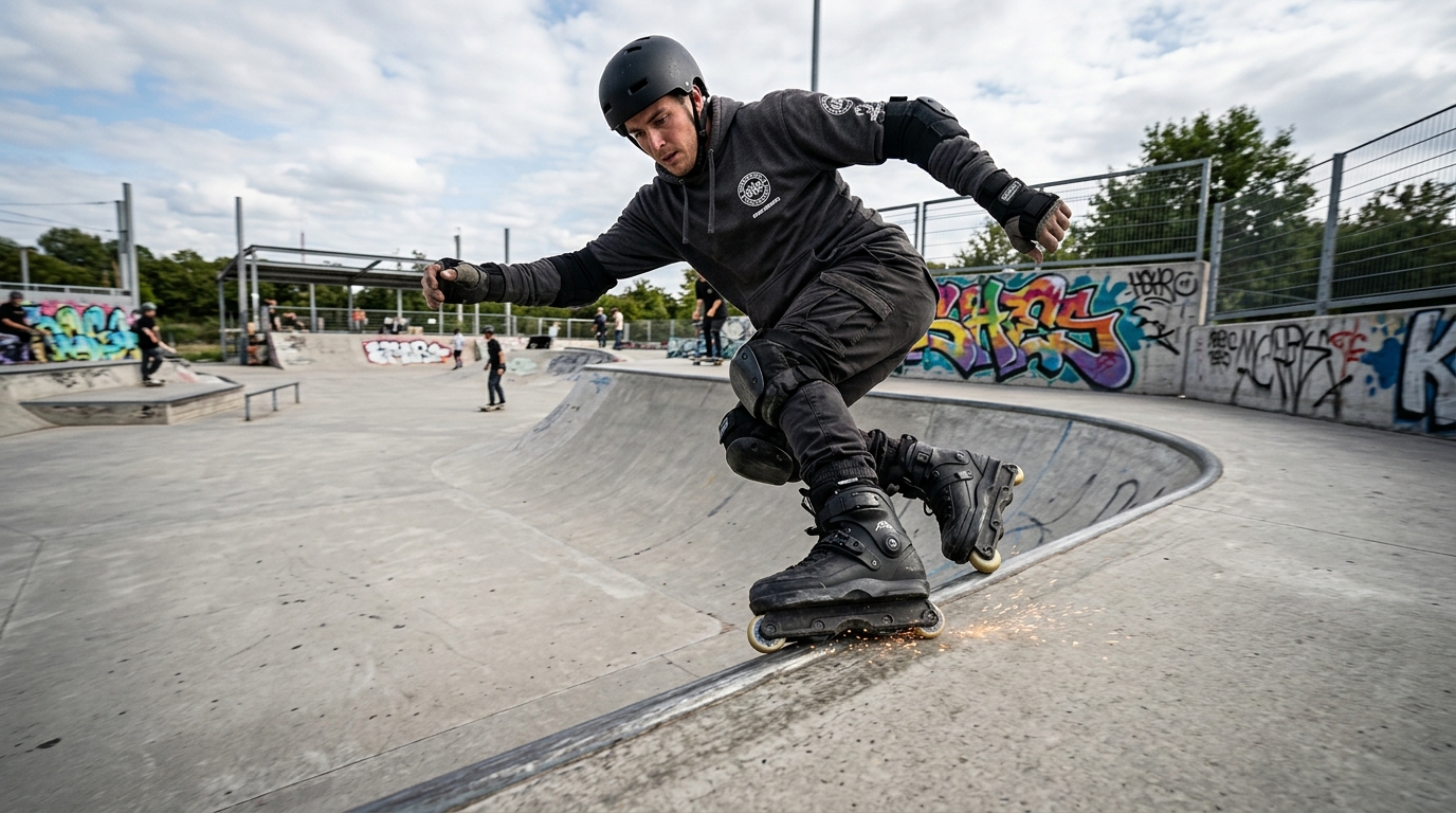 Aggressive inline skater executing a soul grind on skatepark coping with sparks