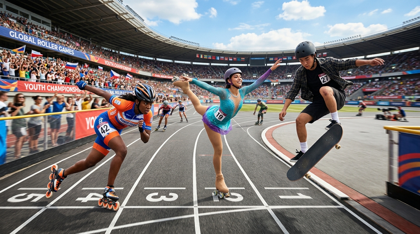 Youth athletes across roller sports disciplines including speed, artistic, and skateboarding