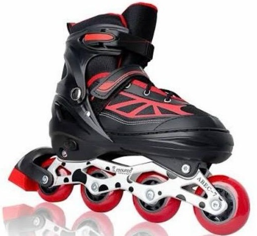 Recreational inline skate with high soft boot and rubber heel brake